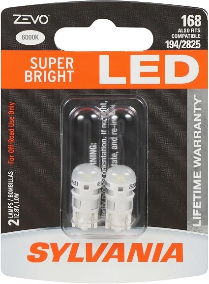 SYLVANIA 168 T10 W5W ZEVO LED White Bulb, 6000K Cool White, 2 Bulbs