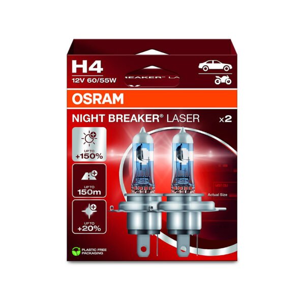 OSRAM NIGHT BREAKER LASER H4, +150% Brighter Halogen Headlight Lamp (2 Lamps)